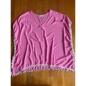 Adreamly Beach Cover Up Womens Plus Size 2X/3X Pink Swimwear Pom-Pom Kaftan Boho